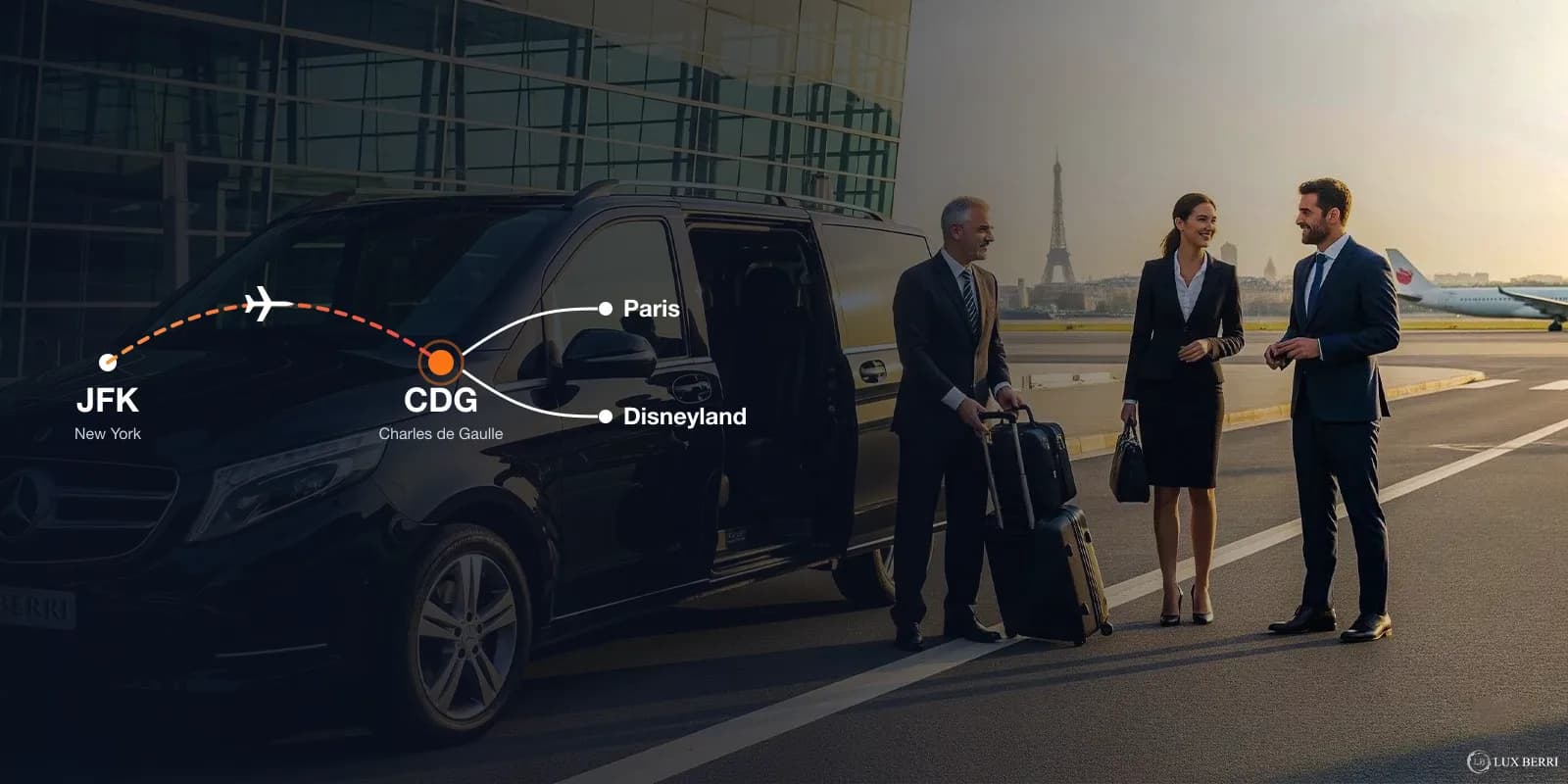 Route from JFK New York to Paris CDG with a Luxberri chauffeur and Mercedes van at the airport